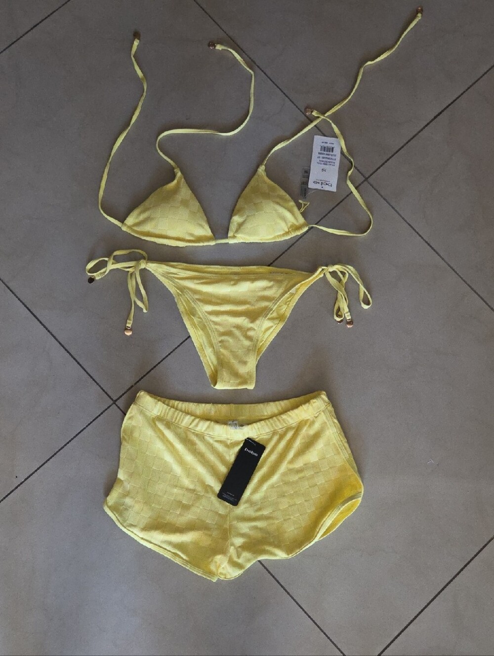 NWT Bebe Lemon Textured Triangle Bikini Set With Matching Bottoms